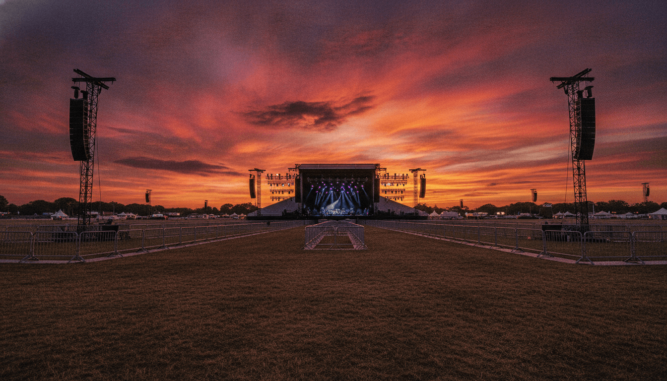 Large outdoor event venue at dusk with stage rigging and lighting
