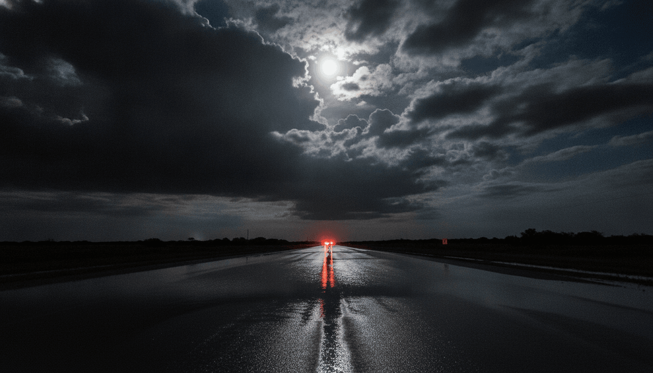 Flooded Texas highway at night during storm emergency response
