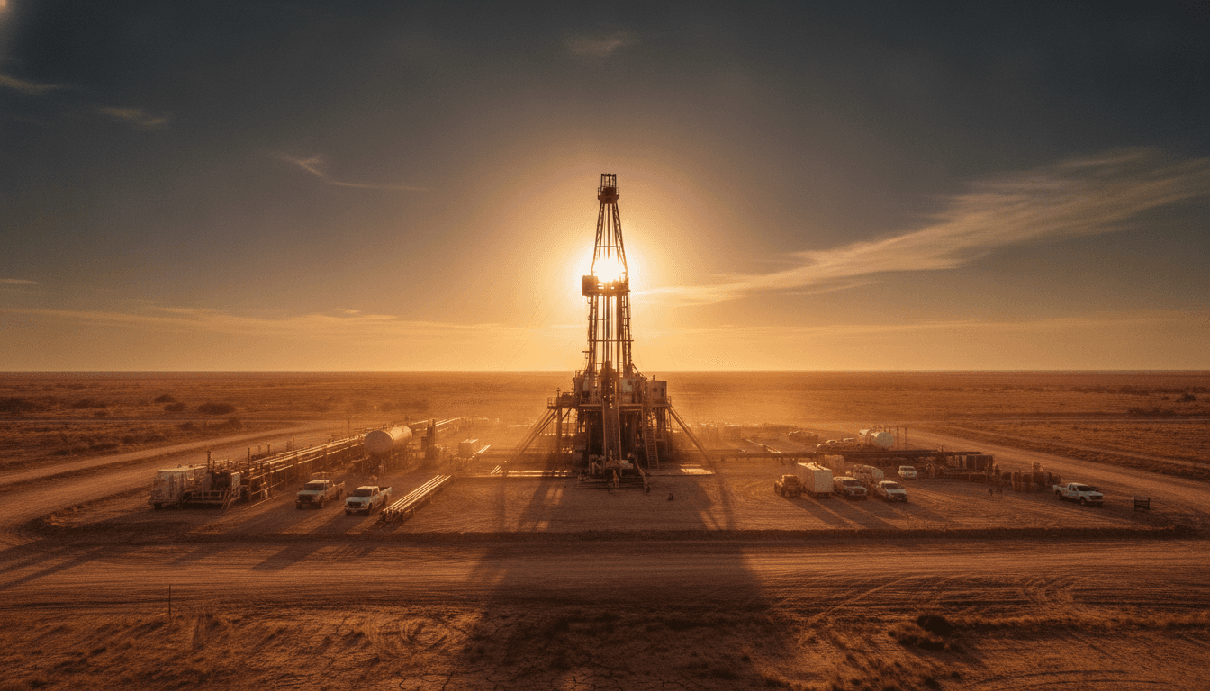 Remote drilling rig in West Texas Permian Basin at golden hour