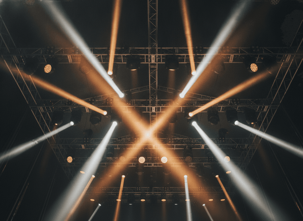 Concert stage lighting trusses from below at an outdoor event