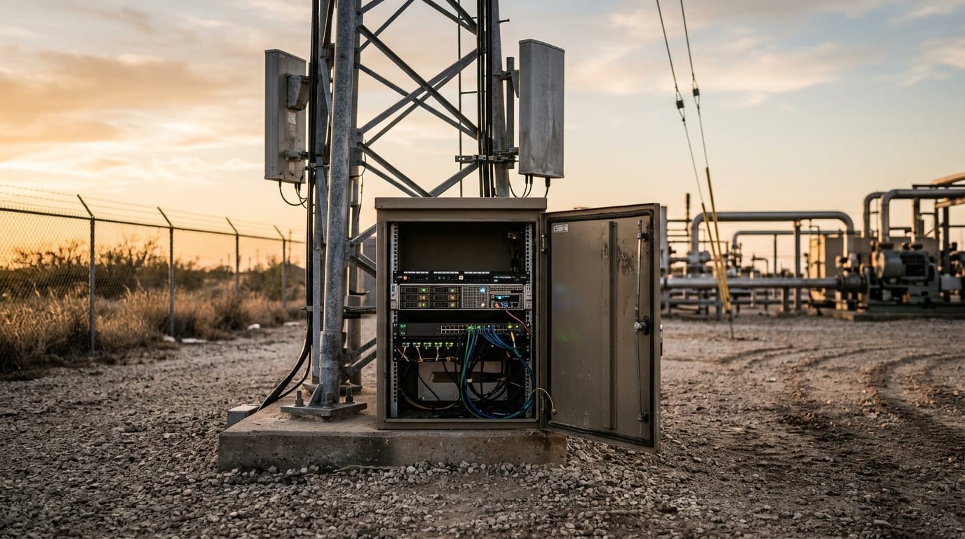 Open outdoor telecom cabinet with a private 5G core server and network switch at the base of a radio mast on a fenced Texas industrial site at sunset.