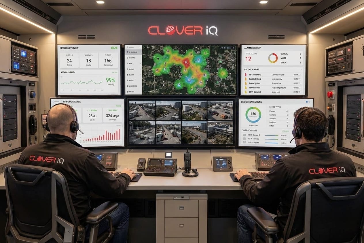 Interior of the Clover IQ mobile control room with operator workstations and on-prem compute