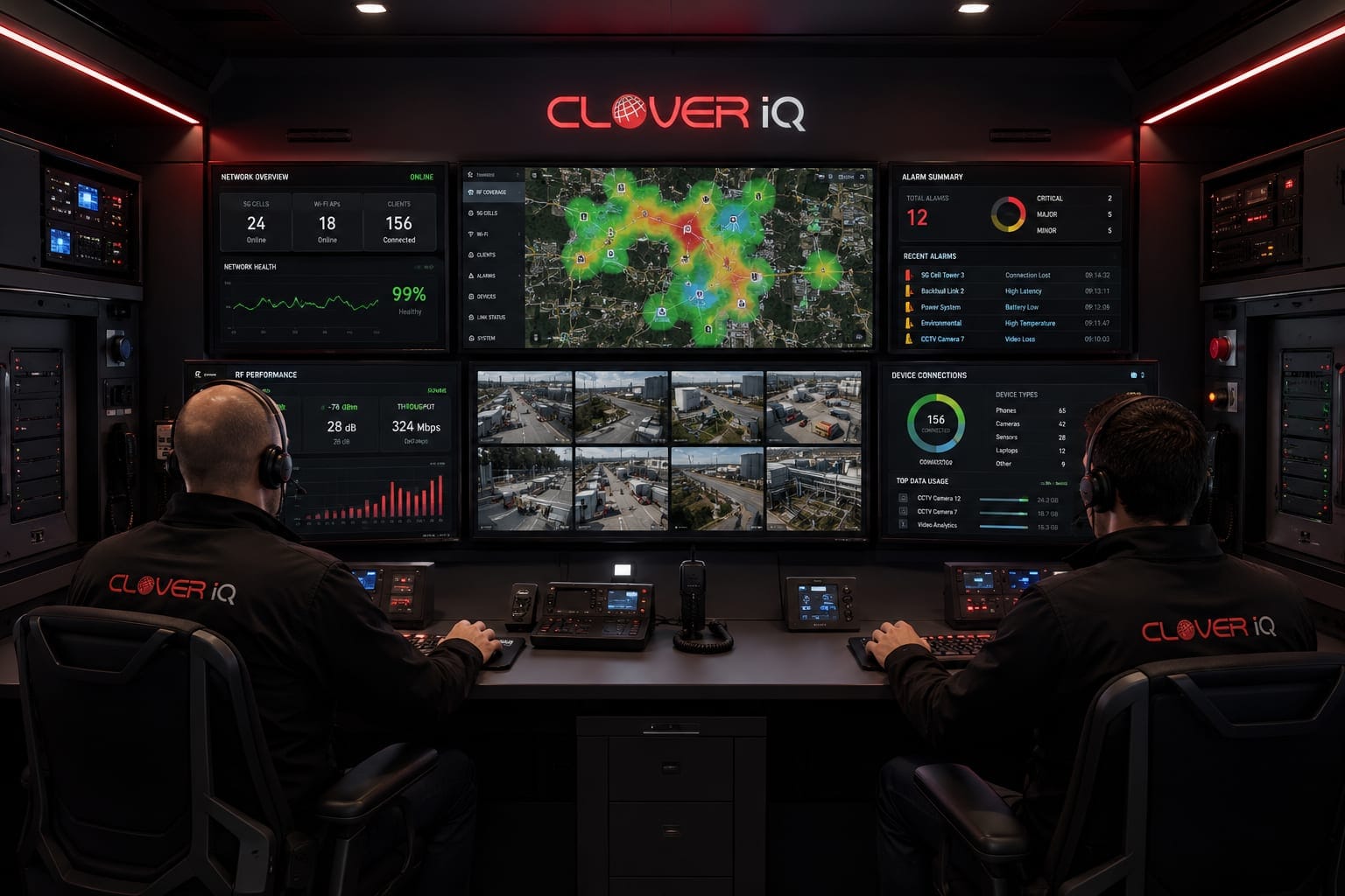 Interior of the Clover IQ mobile control room with operator workstations and on-prem compute