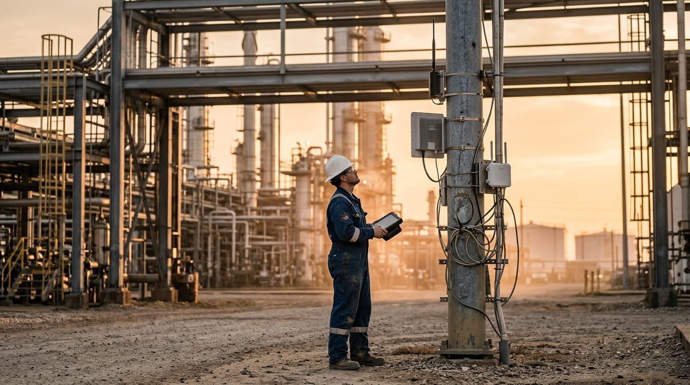 Industrial wireless systems integrator in a hard hat holding a rugged tablet and inspecting a pole with a private 5G radio, Wi-Fi access point and antenna at a Texas refinery at sunset.