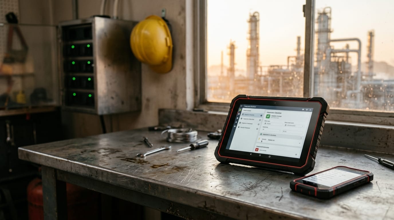 Rugged tablet and smartphone on a steel workbench in a plant workshop, with a refinery visible through the window.
