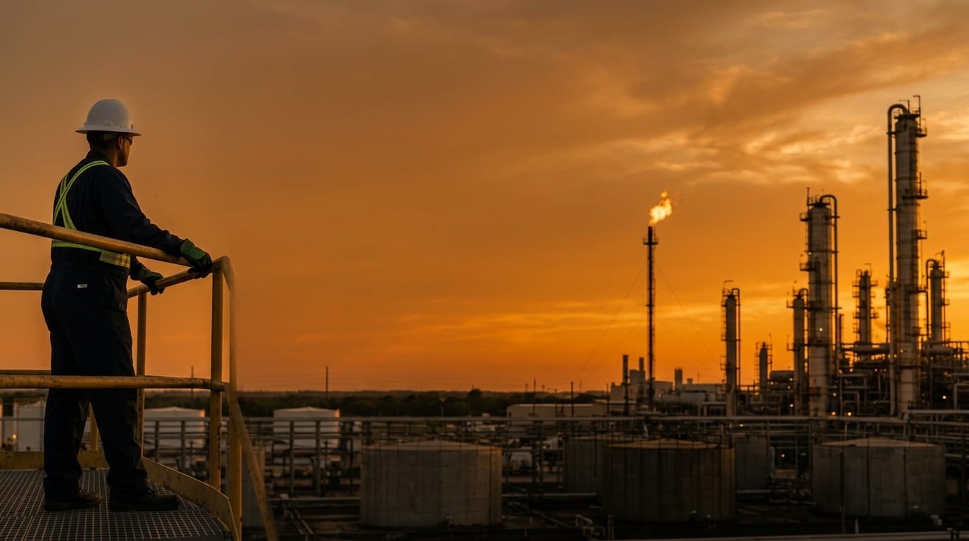 Refinery operator at a yellow railing overlooking distillation towers and a flare at sunset — Clover IQ oil and gas deployments