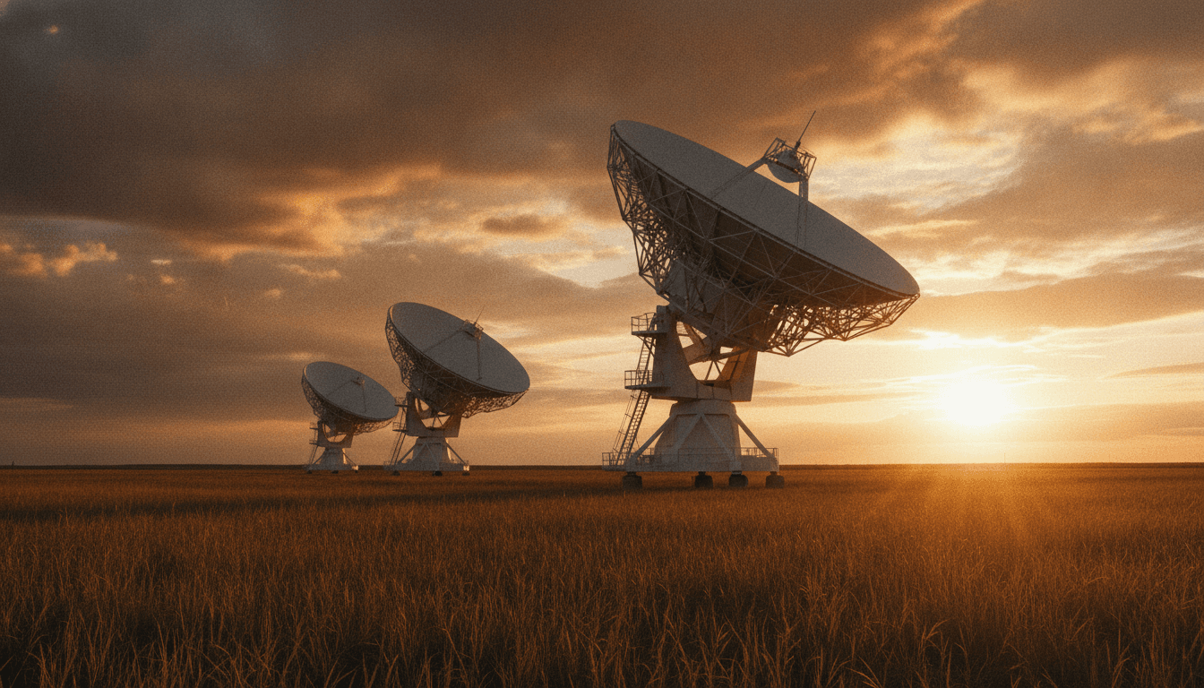 Satellite uplink dishes at golden hour for broadcast production